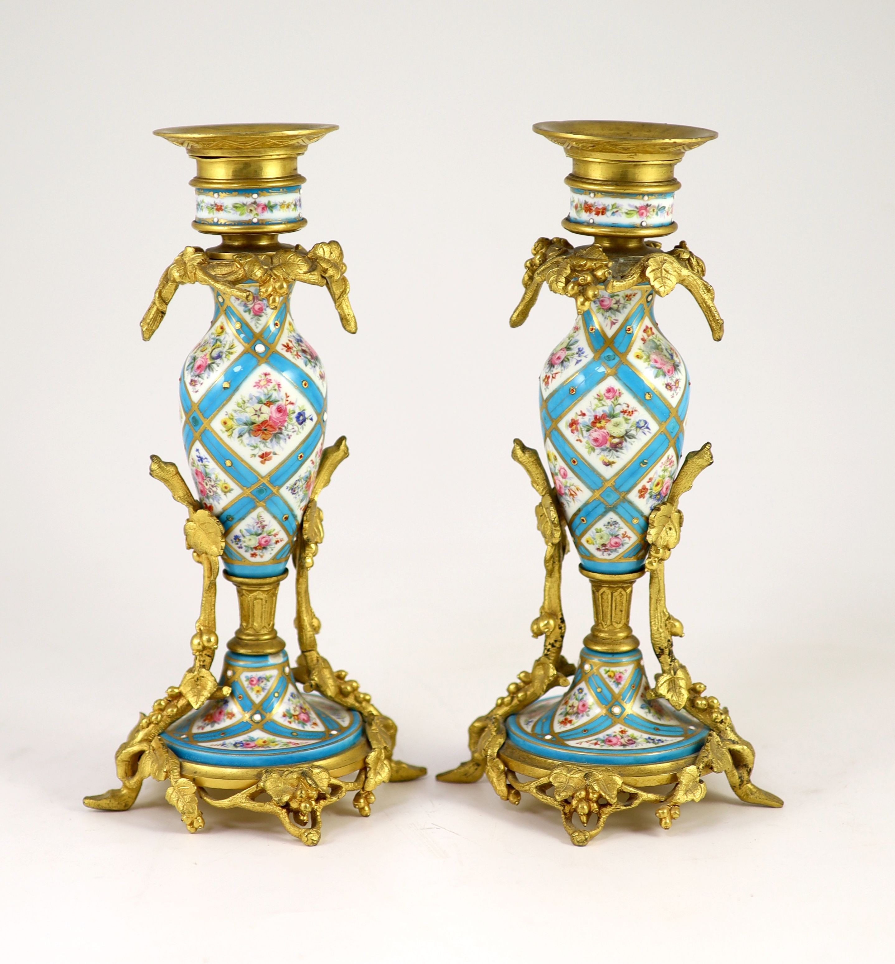 A pair of 19th century ormolu mounted Sevres style jewelled porcelain candlesticks, height 23cm
